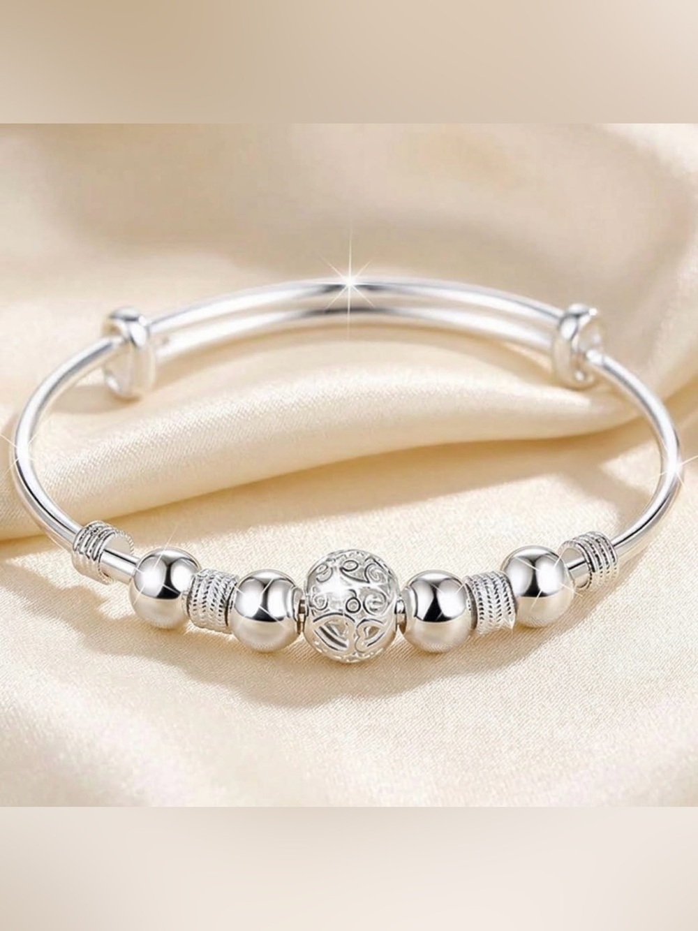 Sterling Silver Filigree Bead Bracelet - Women's Silver Charm Bangle